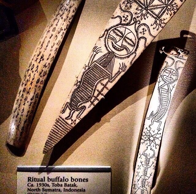 Batak priests (datu) inscribed sacred texts on the rib bones of water buffalo. These writings-magic formulas, oracles, recipes for medicines, and instructions for rituals and cures-were passed from generation to generation within a priestly class. Inscriptions on rib bones often contain calendrical information used by priests to divine auspicious days for particular activities. The bones also brought good luck to their owners. The beauty of the script and the poetic language were both appreciated.
 