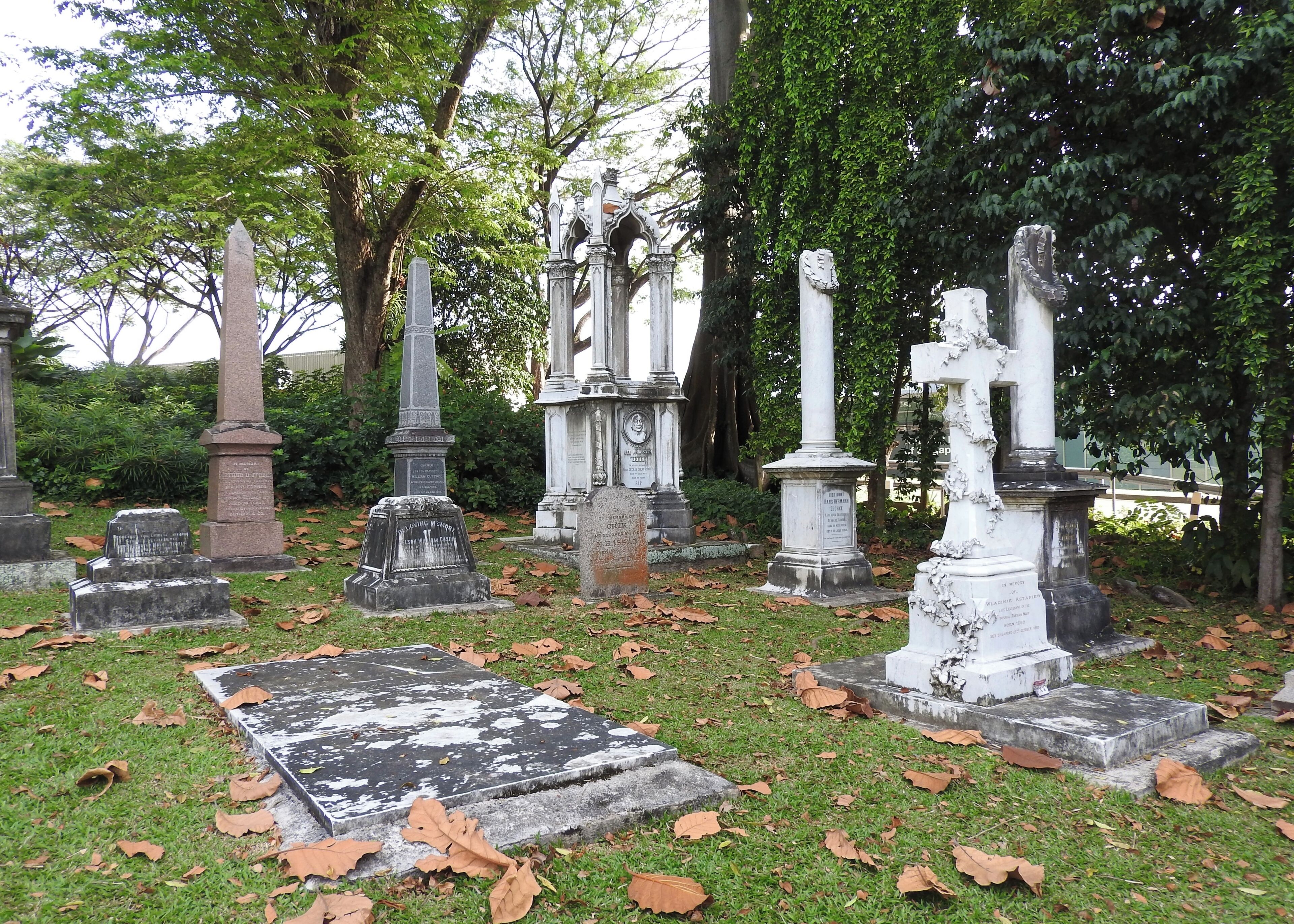 Fort Canning Cemetery was one of the first burial grounds for Christians in Singapore but was was closed to further burials in 1865, and eventually converted into a park. The twelve gravestones that now stand in the northeast corner of the old cemetery grounds are not part of the original cemetery. Instead, they were moved from the former Bukit Timah Cemetery, which closed in 1971. (February 2017)