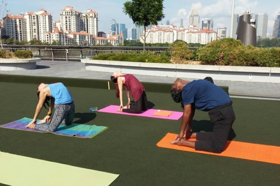 Drei Personen praktizieren Yoga auf Matten im Freien, mit einer Stadtlandschaft im Hintergrund.