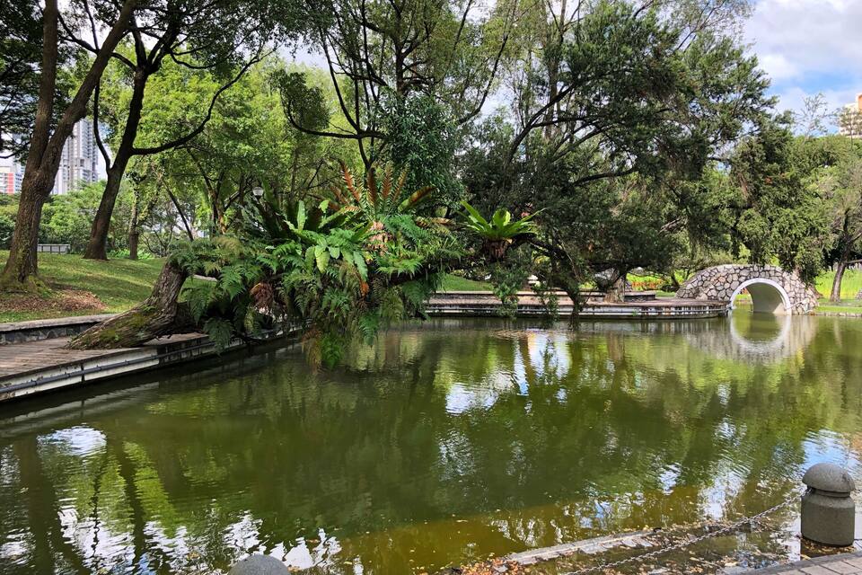A serene park with a pond, lush greenery, a stone bridge, and a stone lantern.