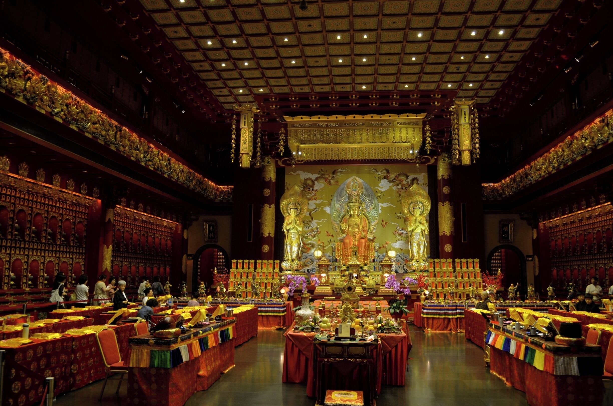 Inside the Buddha Tooth Relic Temple in Singapore just before the monks begin their chanting ritual. 
