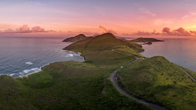 Un paisaje costero con colinas verdes y exuberantes, un camino sinuoso y una puesta de sol sobre el océano.