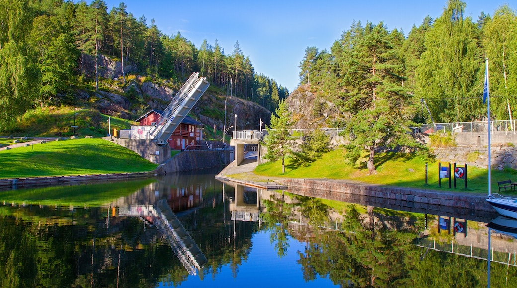 View of the Telemark Canal with old locks - tourist attraction in Skien, Norway