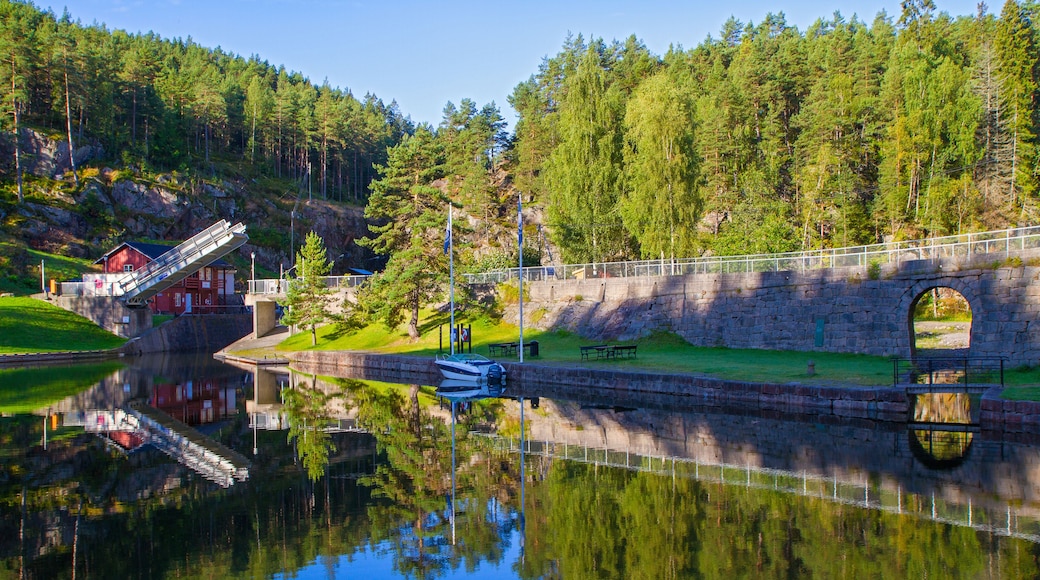 View of the Telemark Canal with old locks - tourist attraction in Skien, Norway