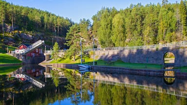View of the Telemark Canal with old locks - tourist attraction in Skien, Norway