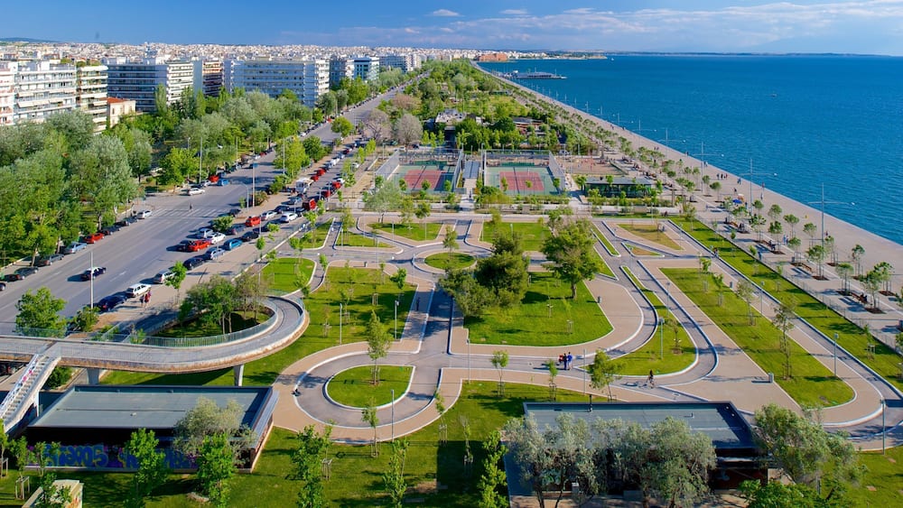 Thessaloniki showing general coastal views, a garden and a city