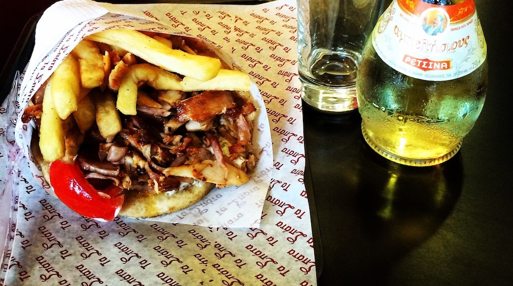 Real Greek gyros. Pita, tzatziki, tomato, onion, meat, French fries and maybe some ketchup and mustard #delicious #foodiefinds