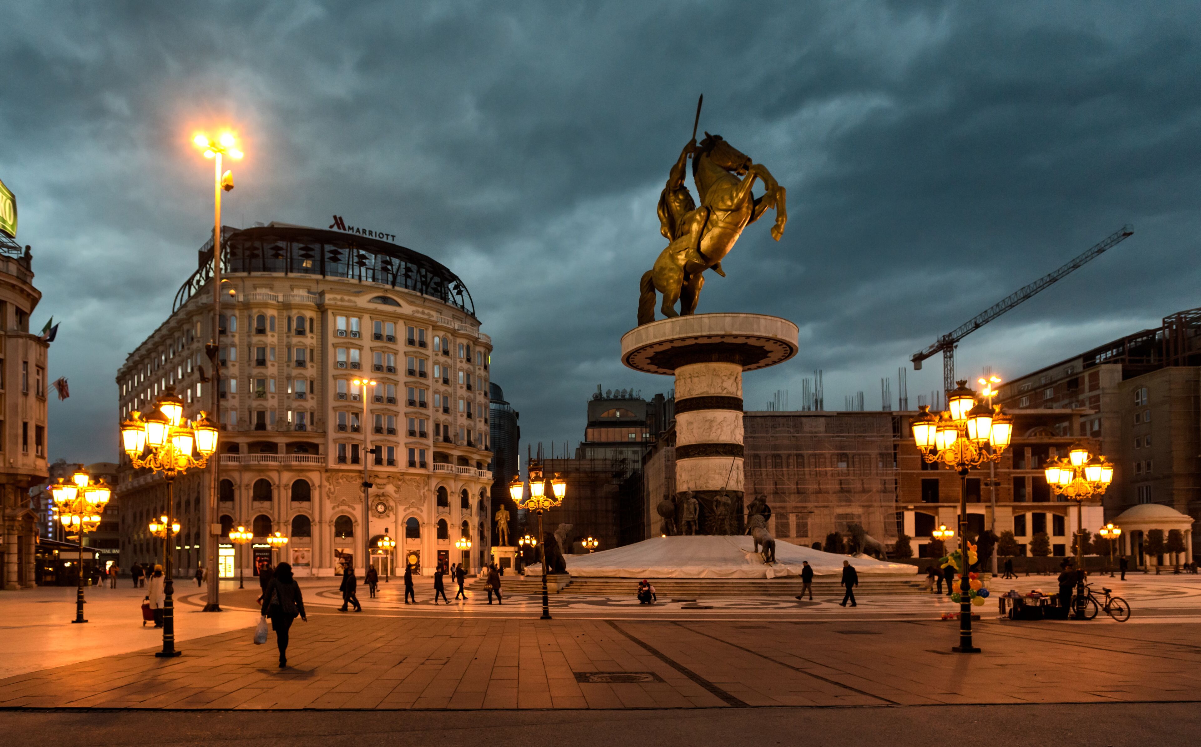 SKOPJE, MACEDONIA - DECEMBER 9 2017 - City Center and Alexander the Great Monument, night scene