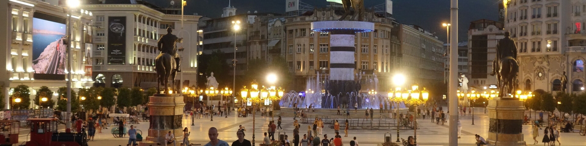 Macedonia Square with the statue of Alexander the Great. On the background you see the (lit up) Millennium Cross on Vodno Mountain’s highest point.