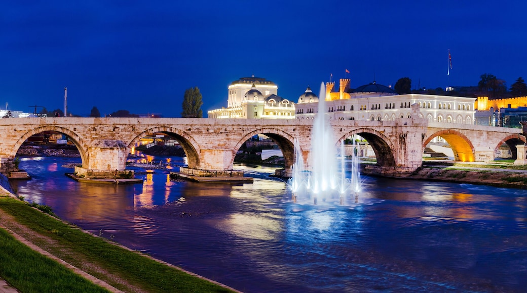 Panoramic view on Stone bridge from Oko bridge in Skopje in the evening