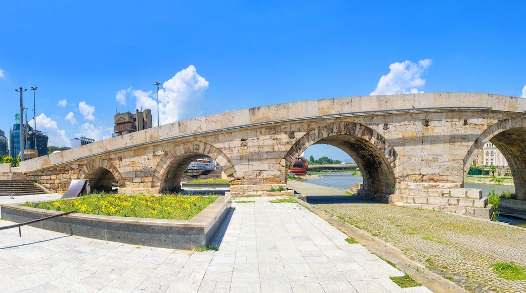 Panoramic view of of a famous Stone bridge in Skopje, Macedonia