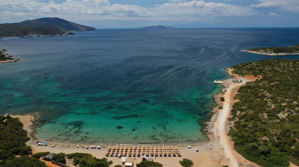 Aerial drone photo of famous sandy beach of Kyra Panagia in island of Skiros, Sporades, Greece