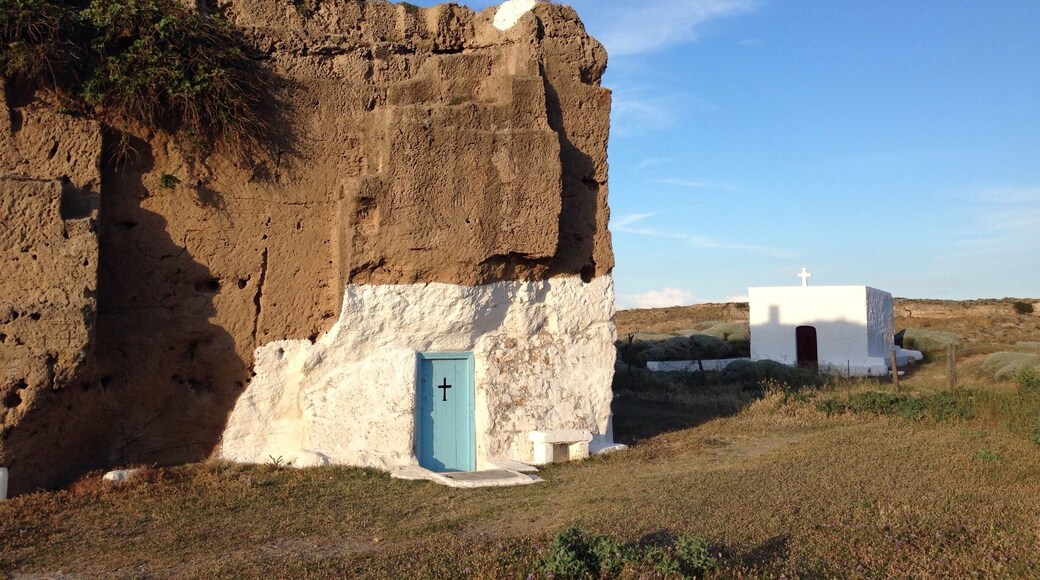 Agios Nikolaos Church in Pouriá, at the northern edge of Molos Beach, is a well known monument of Skyros because of its particular way of construction. The church was in fact curved out from a rock.