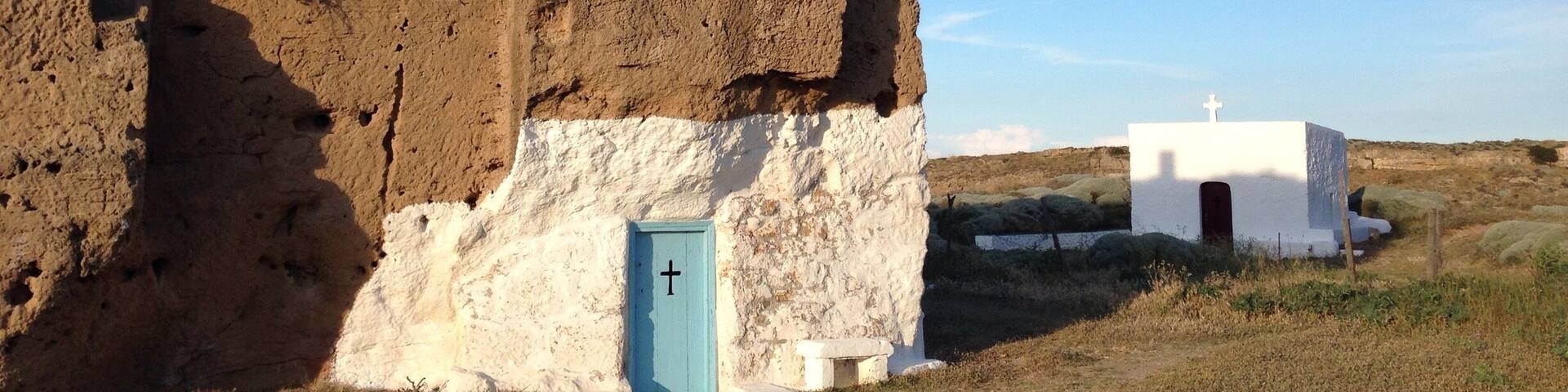Agios Nikolaos Church in Pouriá, at the northern edge of Molos Beach, is a well known monument of Skyros because of its particular way of construction. The church was in fact curved out from a rock.