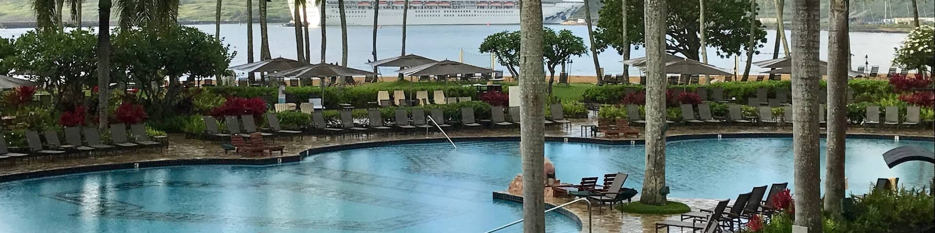 I couldn't resist to submit another picture of a cruise boat and palm trees here in Lihue HI. It had just rained but no rainbow unfortunately.