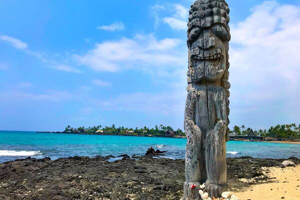A weathered statue of the Hawaii god Ku.
Ku is the god of war and prosperity.