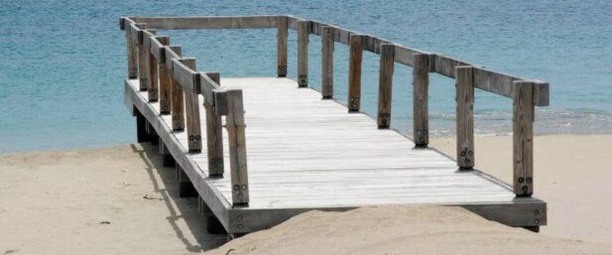 A wooden pier extending into a calm sea.
