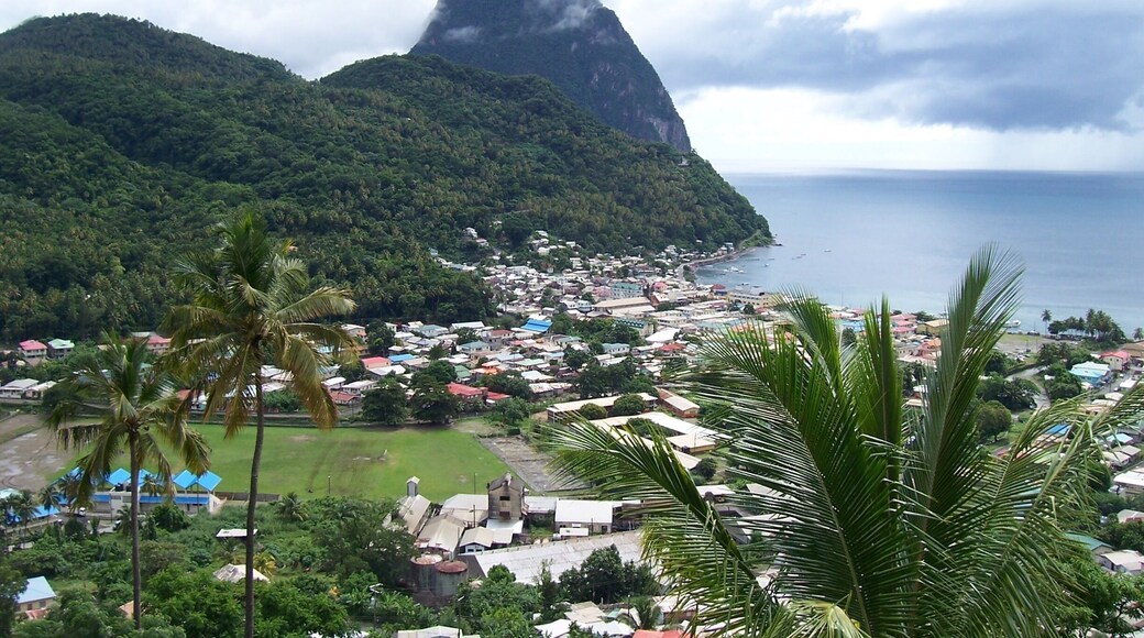 View of the French-settled town of Soufriere and Gros Piton which is the tallest peak in St. Lucia.