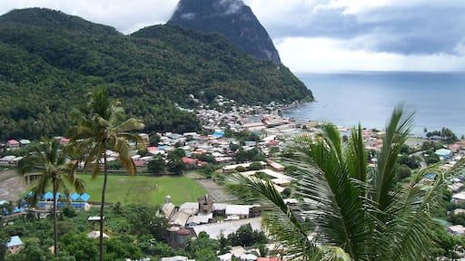 View of the French-settled town of Soufriere and Gros Piton which is the tallest peak in St. Lucia.