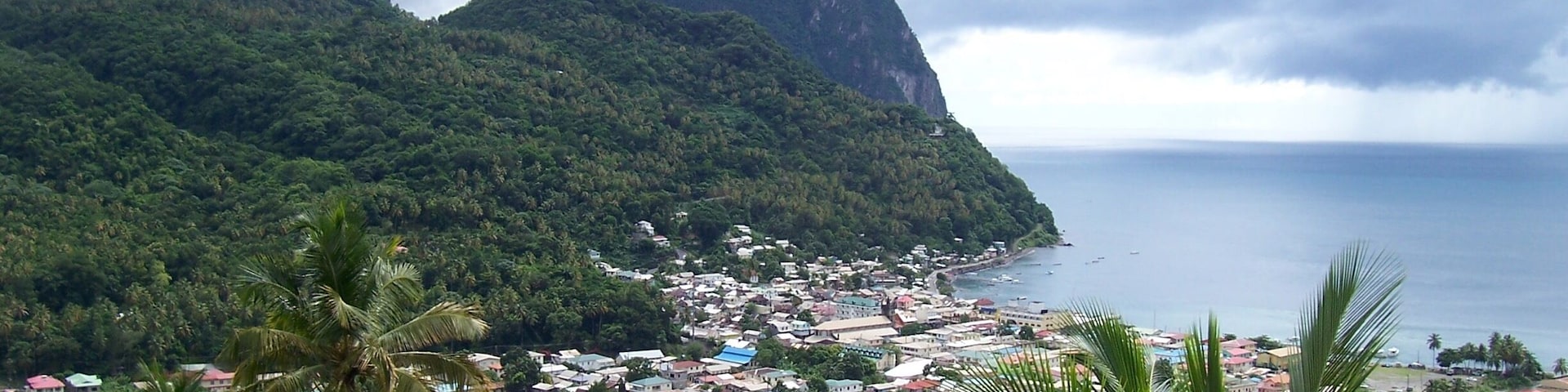 View of the French-settled town of Soufriere and Gros Piton which is the tallest peak in St. Lucia.