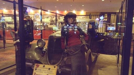 The REAL Bonnie and Clyde Death Car is on display in Primm, Nevada at Whiskey Pete's Hotel and Casino owned by Primm Valley Resorts. The casino is named after Whiskey Pete who was originally Pete MacIntyre, a gas station owner turned bootlegger who died in 1933.
Info on http://www.weirdca.com/location.php?location=283