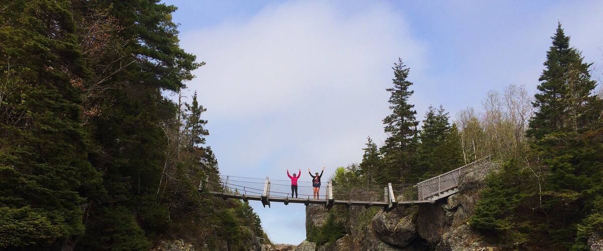 A suspension bridge over a river with rocky cliffs and dense forest on either side.