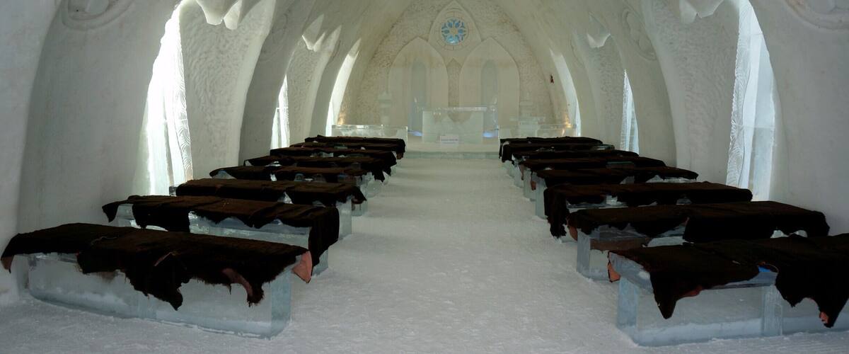 The chapel located at the Hotel de Glace in Quebec City is made entirely out of snow and ice. And yes, you can get married here!
