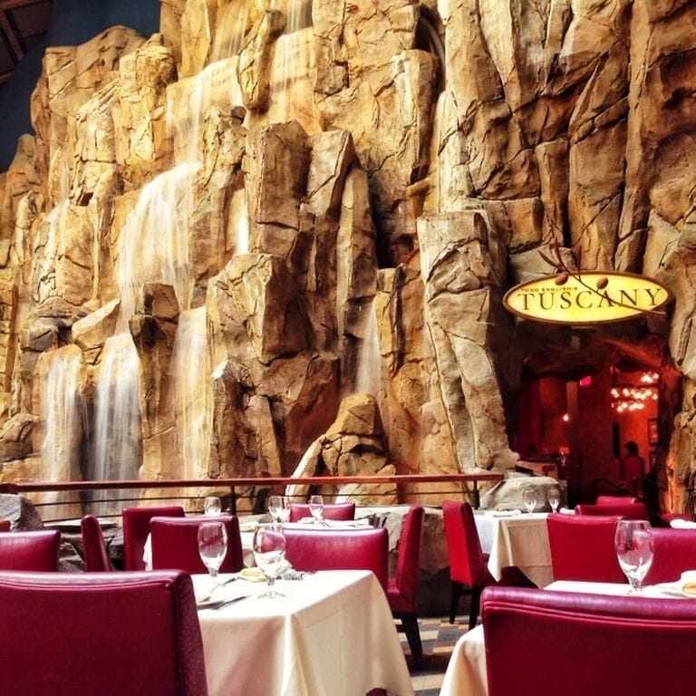 The Tuscany restaurant inside the Mohegan Sun Casino. The huge waterfall and the tons of natural light pouring in makes it feel like you are eating outdoors!
