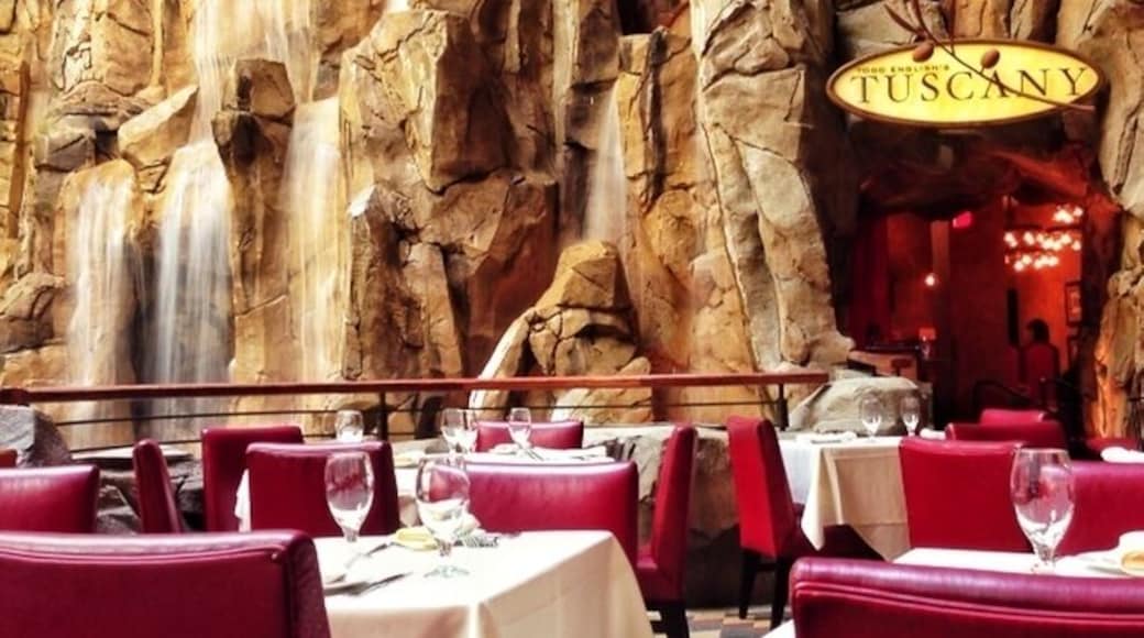 The Tuscany restaurant inside the Mohegan Sun Casino. The huge waterfall and the tons of natural light pouring in makes it feel like you are eating outdoors!