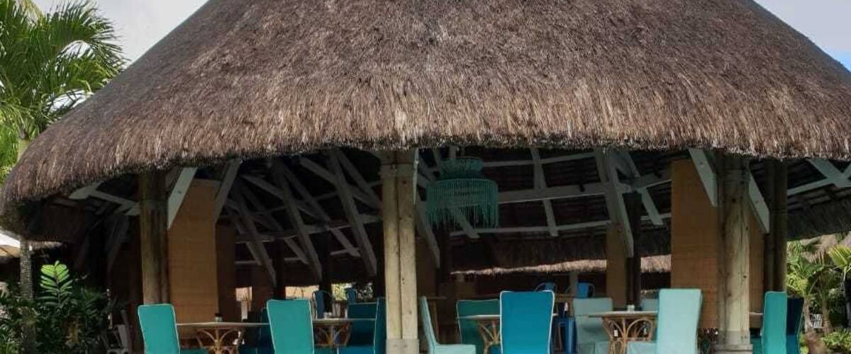 A poolside area with a thatched-roof structure, lounge chairs, and a book titled 'MARC LEVY'.