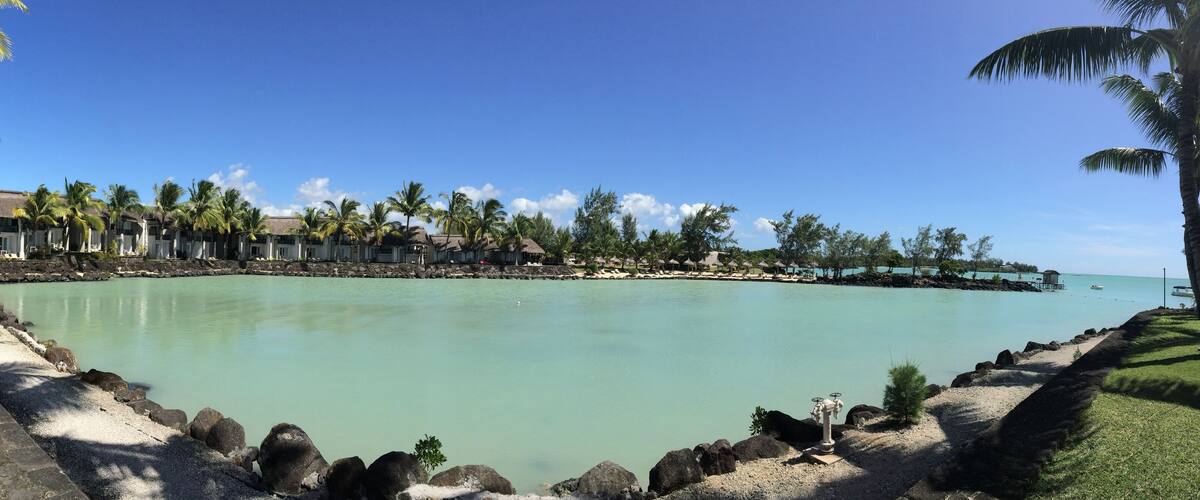 Un resort tropical con piscina cristalina, palmeras y una playa.