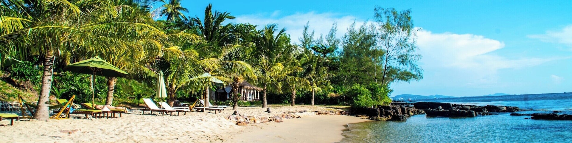 A sandy beach with palm trees, lounge chairs, and a clear blue sky.