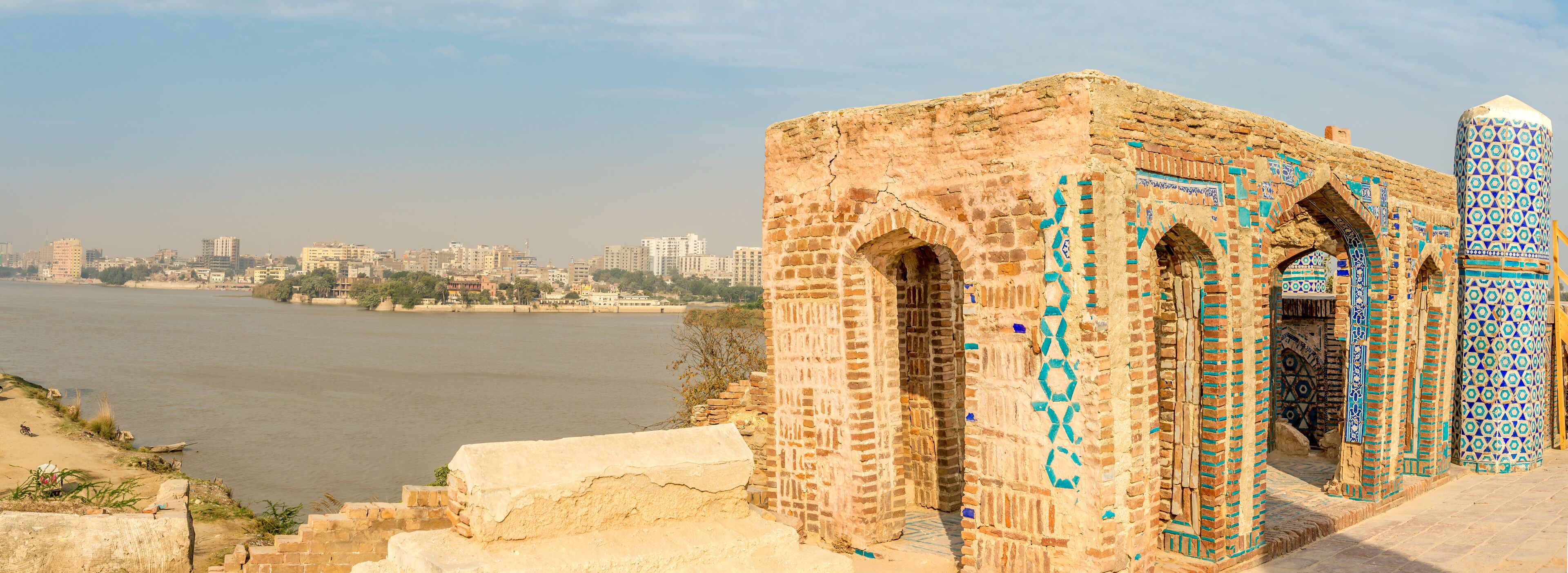 Panoramic view at the Satiyen Jo Asthan (Graves of Seven Sisters) at Indus river bank in Sukkur - Pakistan