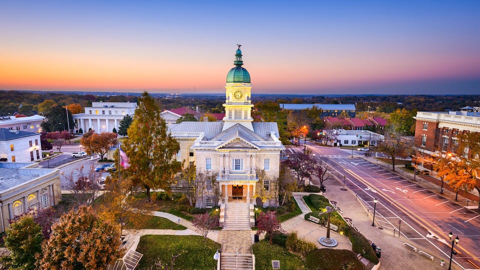A large building with a green dome and a clock tower, surrounded by trees and a street.