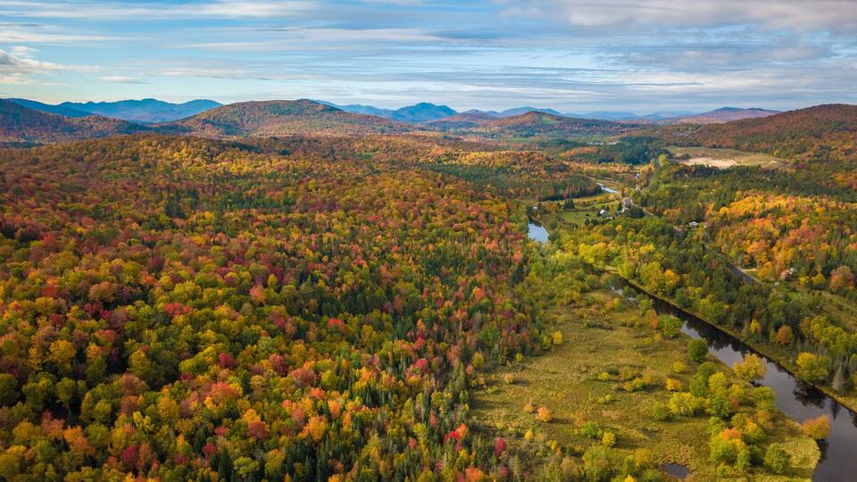 A forested valley with a river, surrounded by mountains.