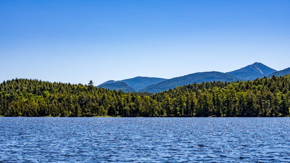 A lake with a forest and mountains in the background.