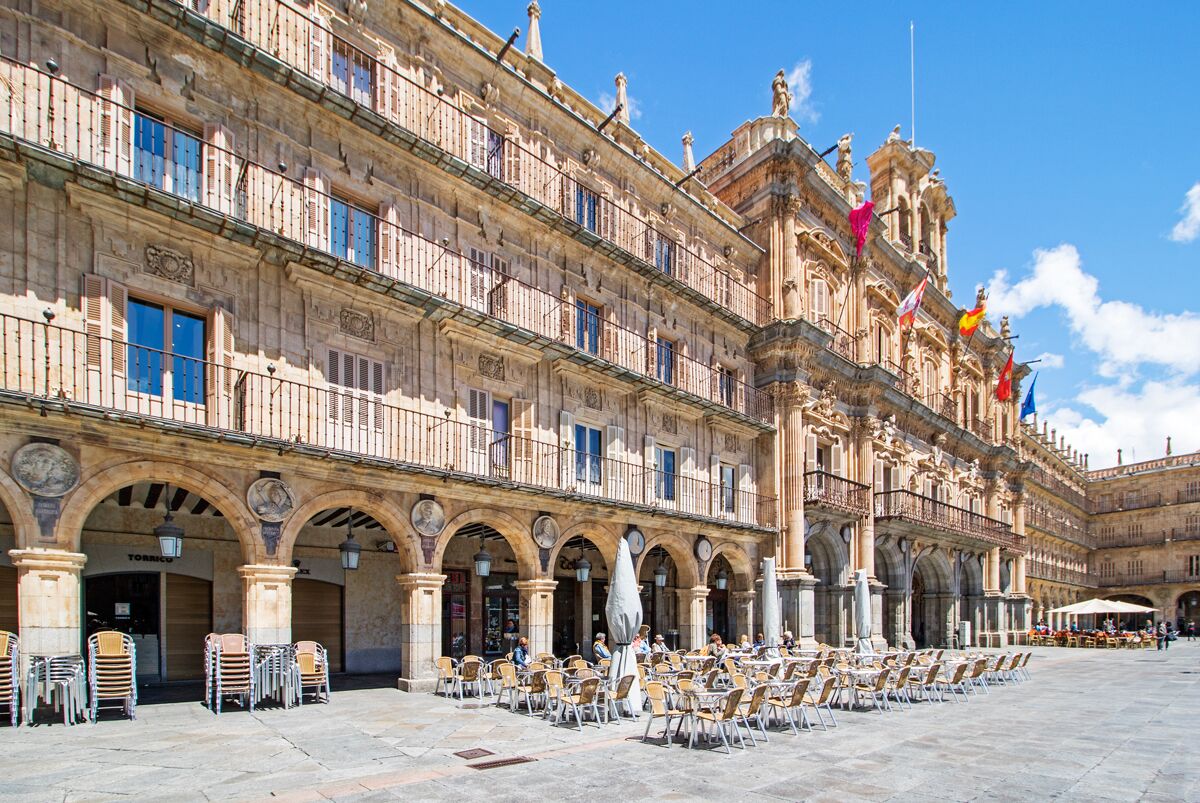 A view of the beautiful Plaza Major in Salamanca, one of the largest in Spain.