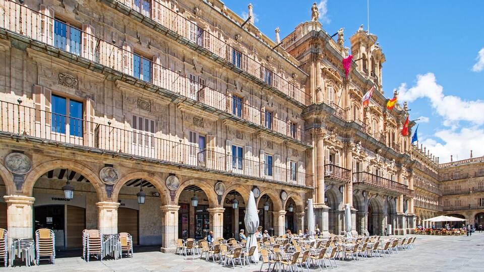 A view of the beautiful Plaza Major in Salamanca, one of the largest in Spain.