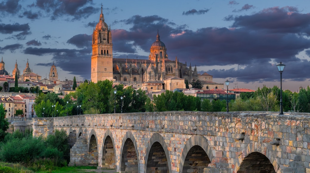 Sunset view of The Salamanca Roman Bridge (Puente Romano de Salamanca, Puente Mayor del Tormes), ancient stone structure over the Tormes River with Salamanca Cathedral in the background