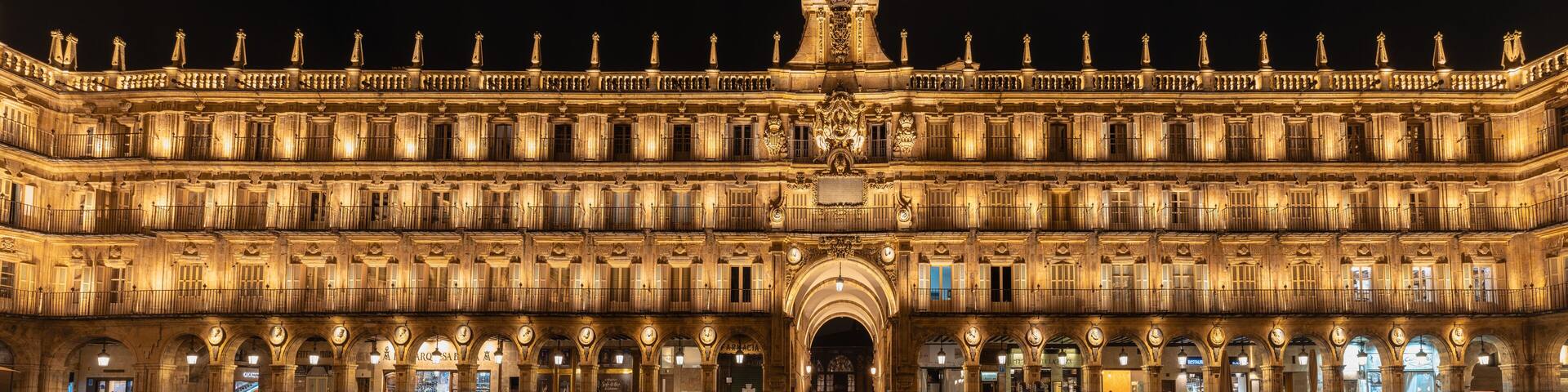 Panorama of the main square called, "Plaza Mayor", of Salamanca (Spain) at night with lights on.