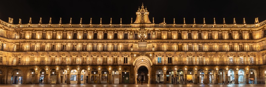 Panorama of the main square called, "Plaza Mayor", of Salamanca (Spain) at night with lights on.