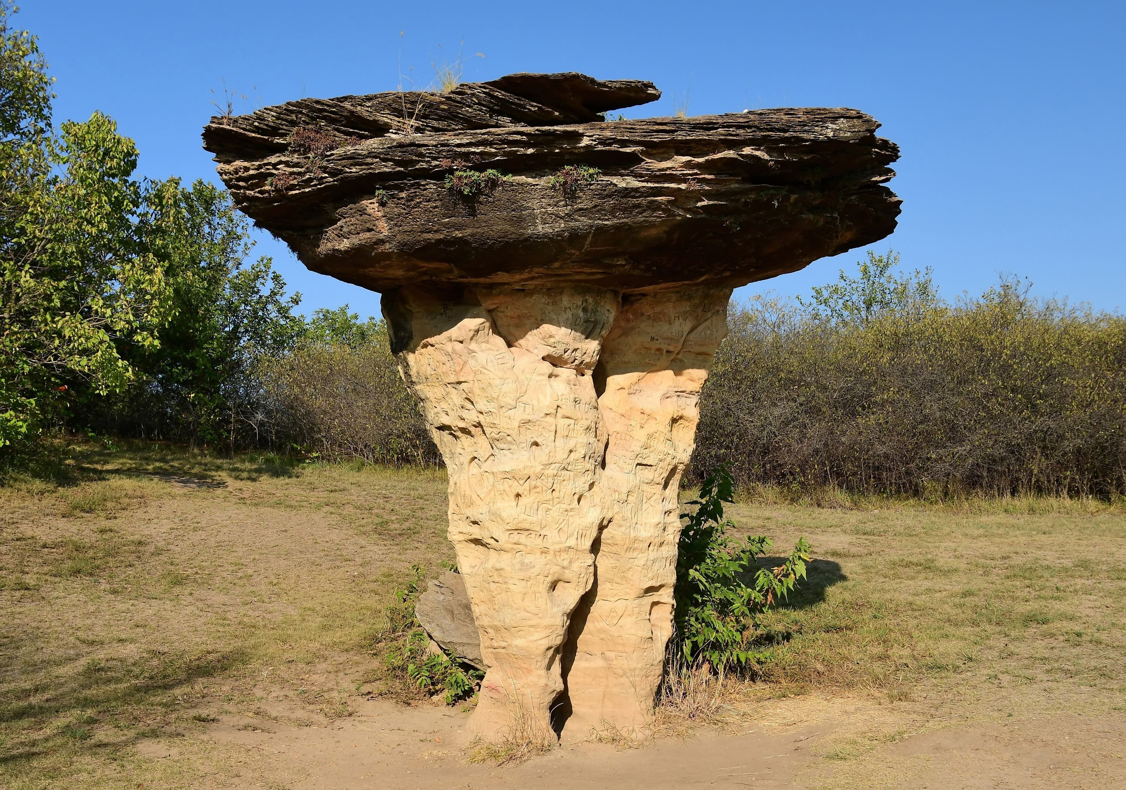 an eroded mushroom rock formation in the roadside attraction of  mushroom rock state park, near salina, in north central kansas