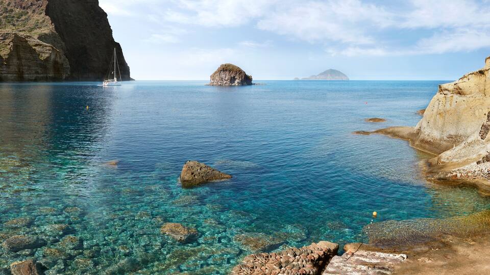 Sicily, Italy, the crystal sea of Aeolian island. Salina, a wonderfull panoramic view from Pollara beach.