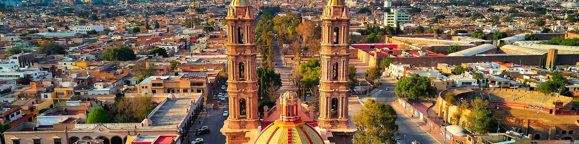 A cityscape with a prominent church featuring a large golden dome and two bell towers.