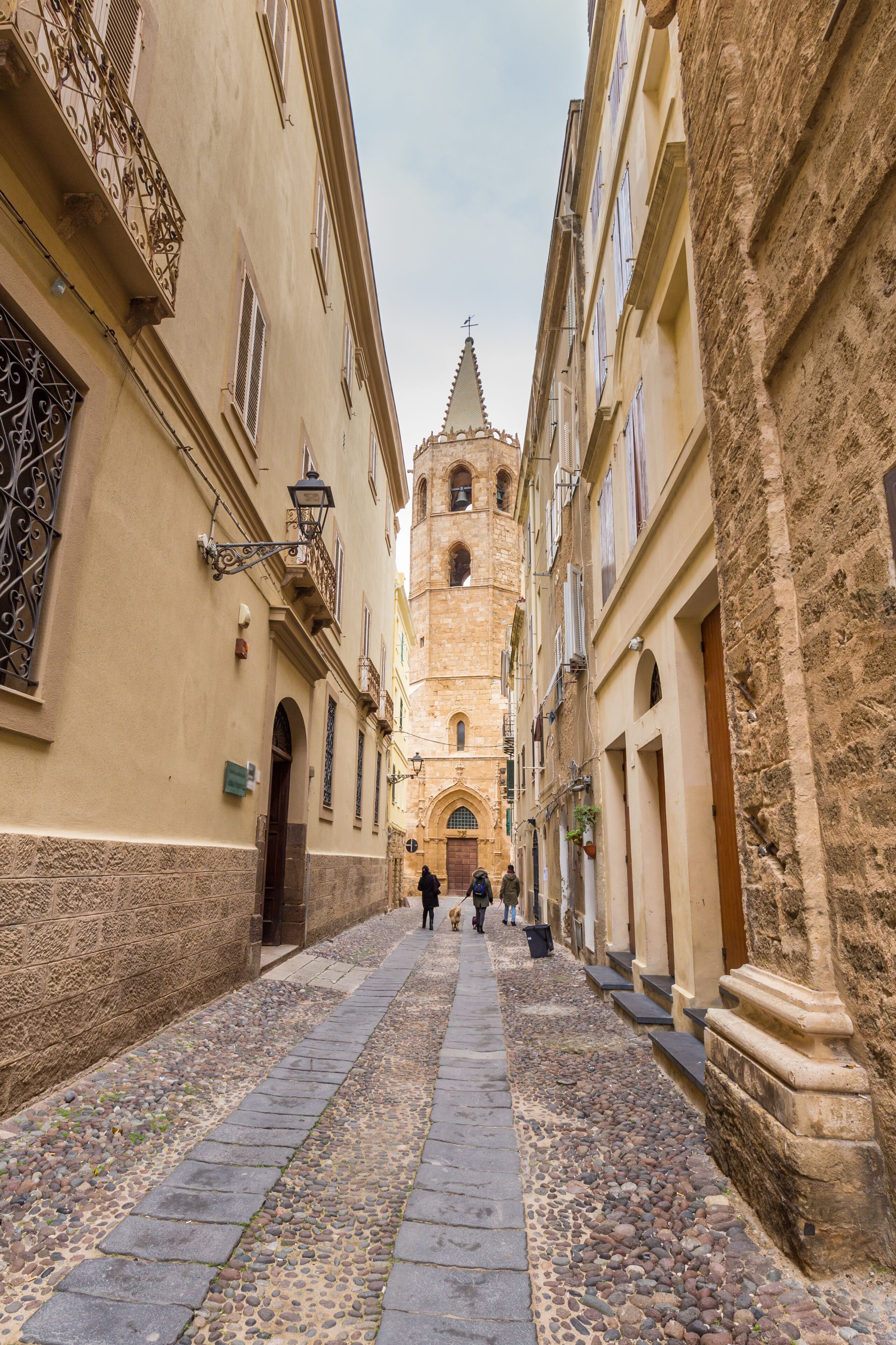A cobblestone street flanked by historic buildings with a prominent tower in the background.