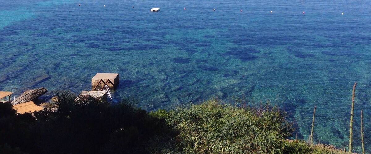 A clear blue sea with a rocky coastline and cliffs in the distance.
