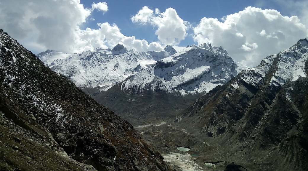 An astonishing view of ground water snow covered mountains and sky