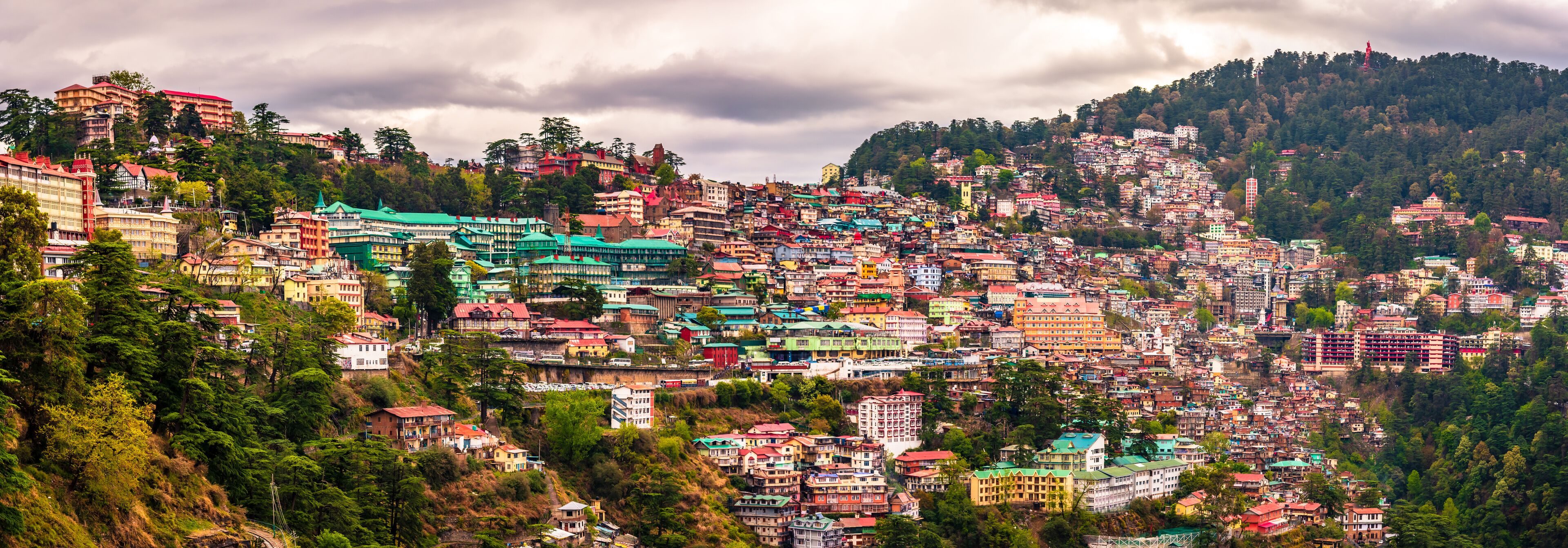 Beautiful panoramic cityscape of Shimla, the state capital of Himachal Pradesh located amidst Himalayas of India.