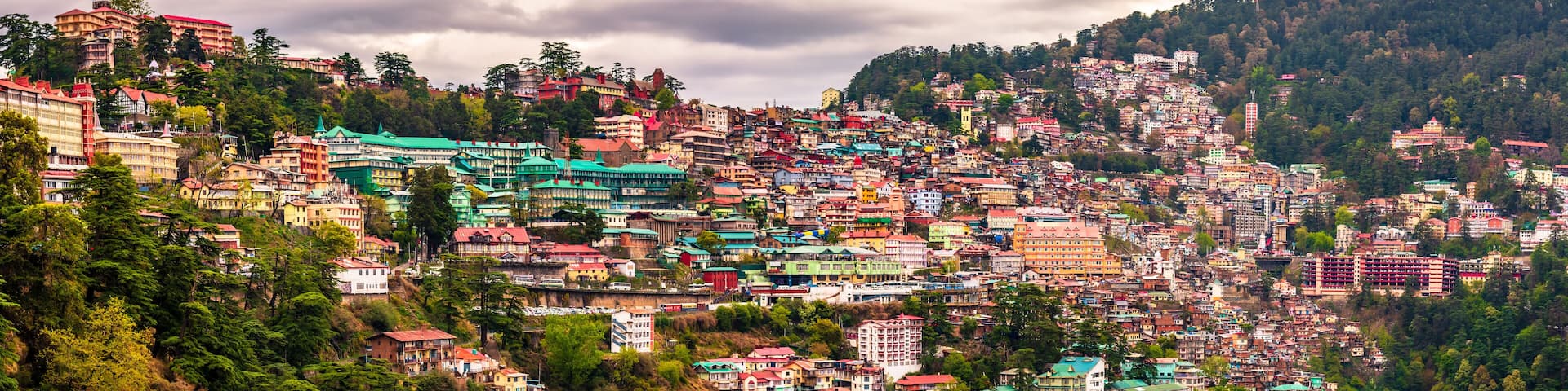 Beautiful panoramic cityscape of Shimla, the state capital of Himachal Pradesh located amidst Himalayas of India.