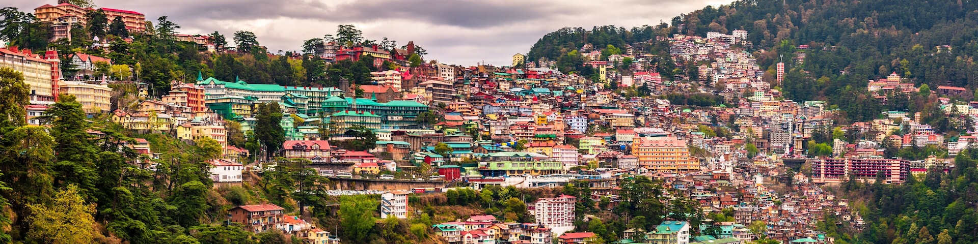 Beautiful panoramic cityscape of Shimla, the state capital of Himachal Pradesh located amidst Himalayas of India.